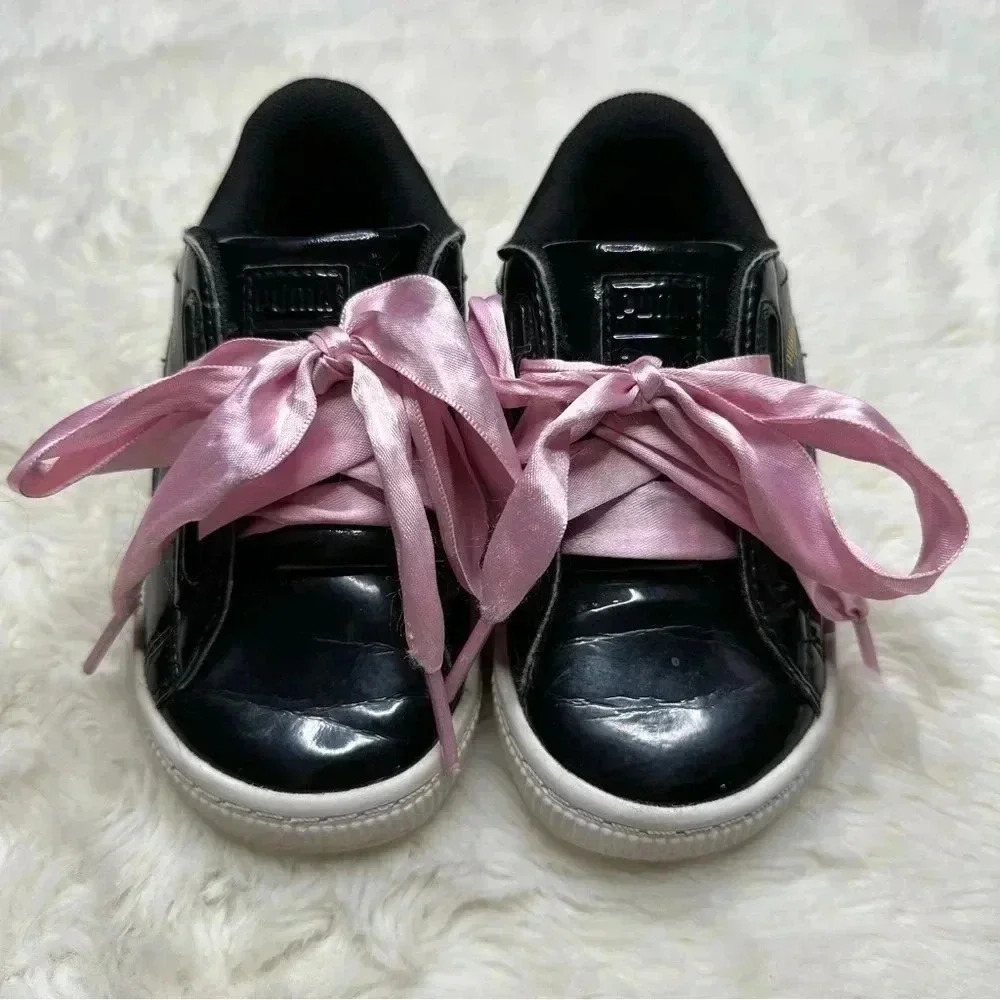Puma Basket Heart Patent Black Sneakers  Pink Laces Size 8